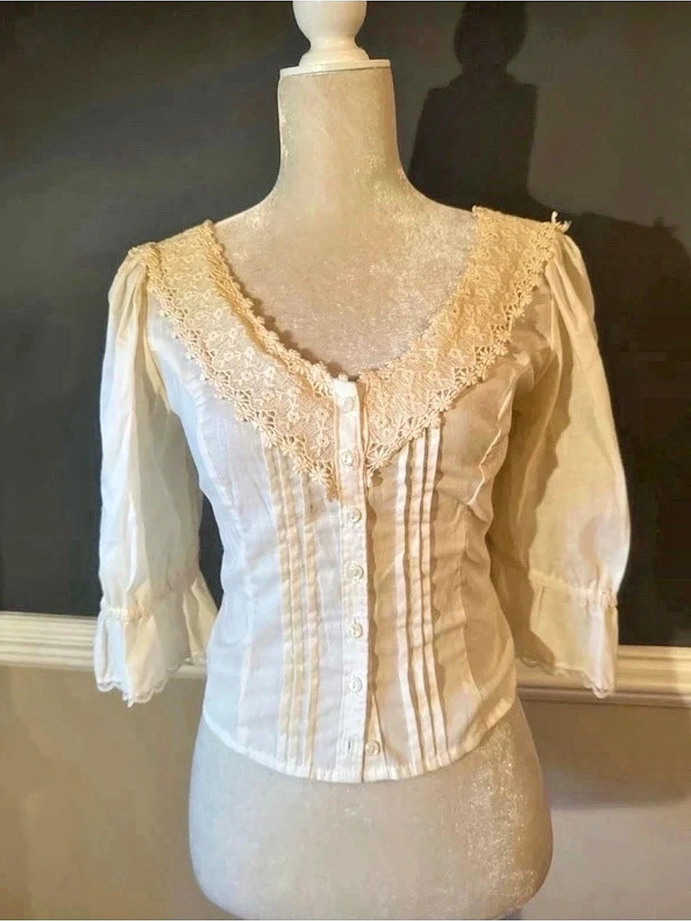 Gunne Sax Lace Trim Pintuck Blouse in Cream